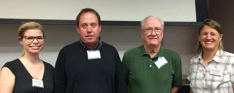 Poster contest winners (from left) Mallory Barnes, Mark Kautz, Malcolm McGregor (contest benefactor), and Cheryl McIntryre after the 12th Annual RISE Symposium on 17 October 2015.